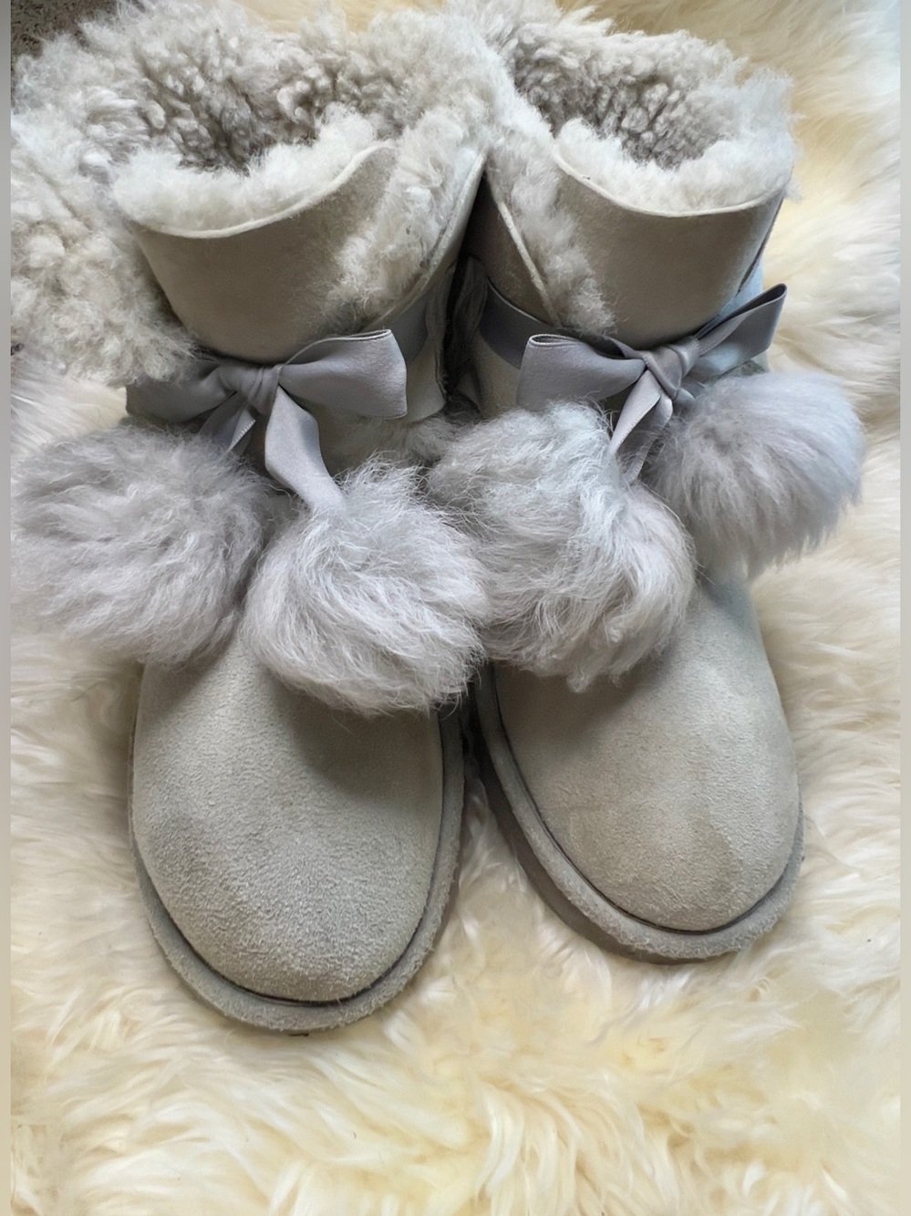 UGG Light Grey Shearling Pom-Pom Booties size 7